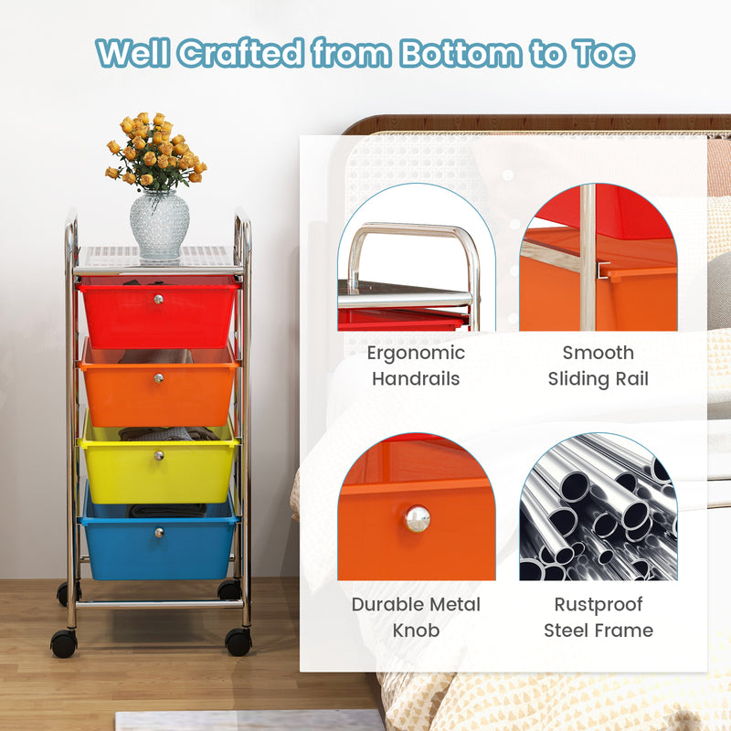 4-Drawer Cart Storage Bin Organizer Rolling with Plastic Drawers-Multicolor