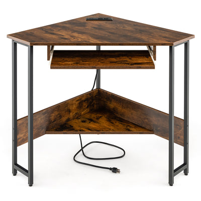 Triangle Corner Desk with Charging Station Keyboard Tray and Storage Shelf-Rustic Brown