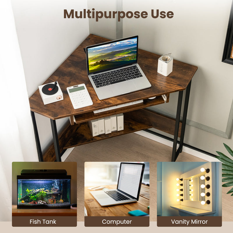 Triangle Corner Desk with Charging Station Keyboard Tray and Storage Shelf-Rustic Brown