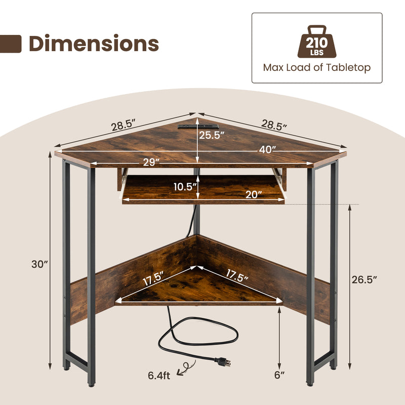 Triangle Corner Desk with Charging Station Keyboard Tray and Storage Shelf-Rustic Brown