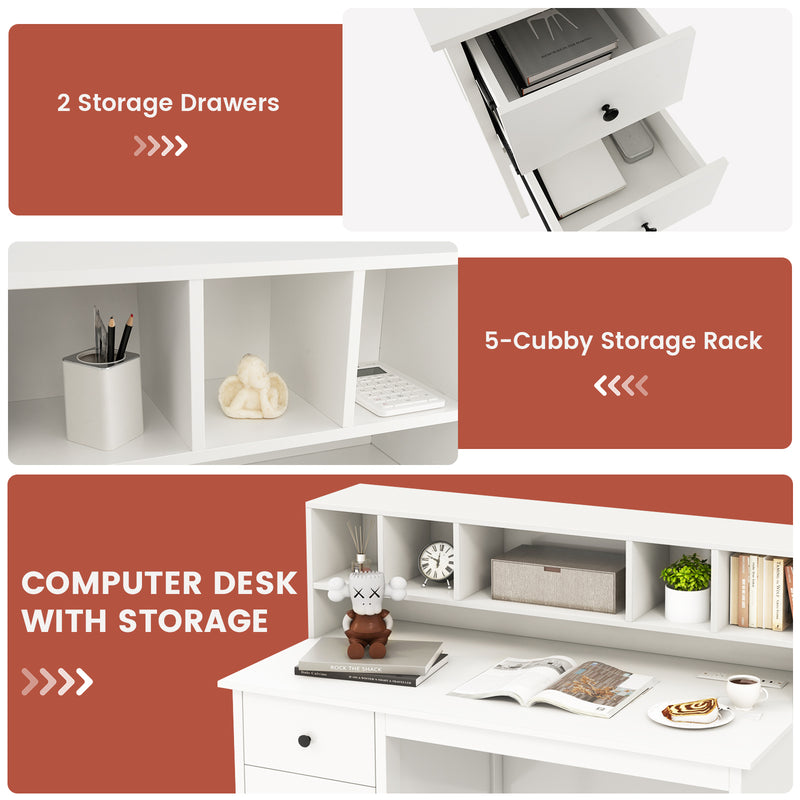 *48 Inch Home Office Computer Desk with Type-C Power Outlets - White