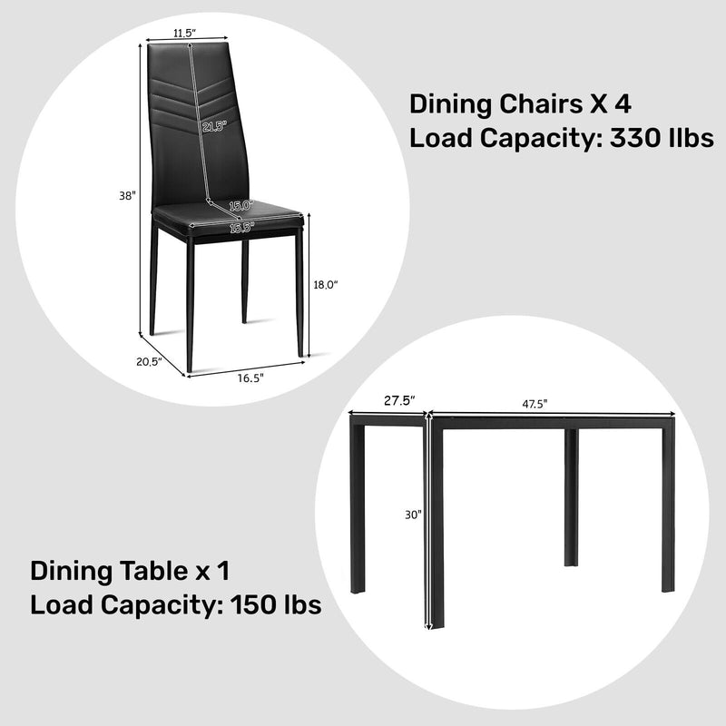 5 Pieces Kitchen Dining Set with Glass Metal Table and 4 Chairs Breakfast Furniture