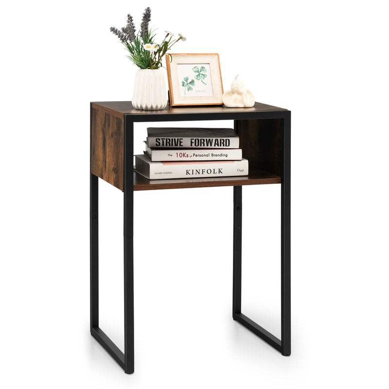 Industrial Side Table with Anti-Rust Steel Frame and Open Storage