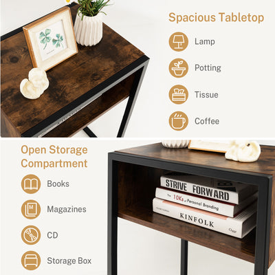 Industrial Side Table with Anti-Rust Steel Frame and Open Storage