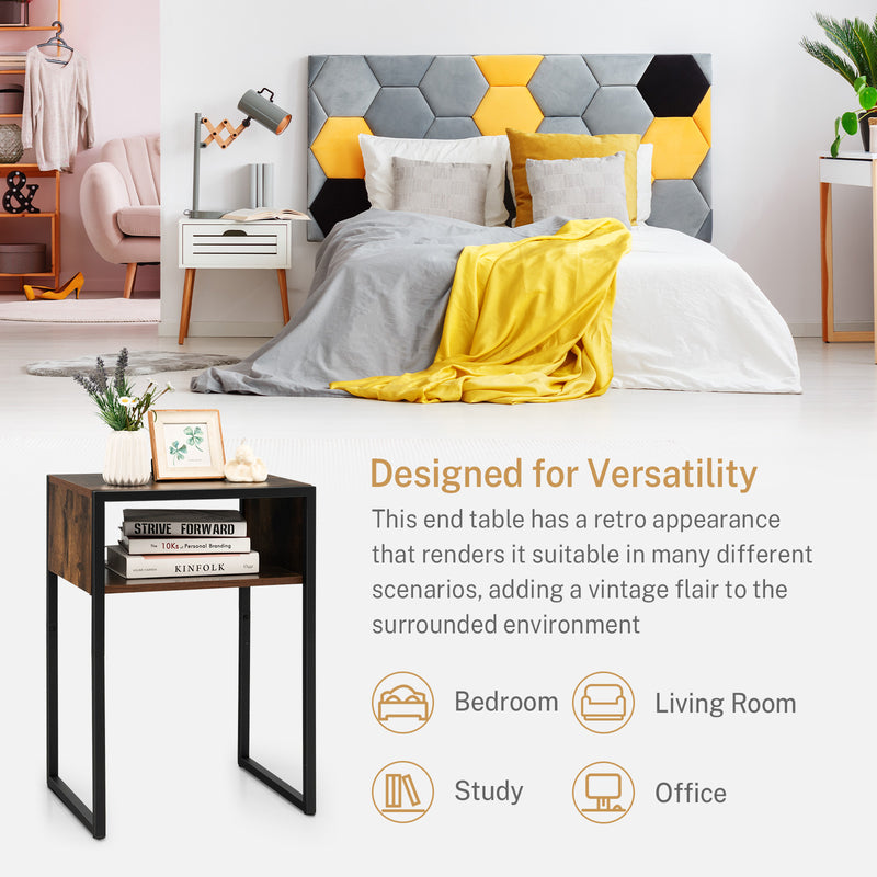 Industrial Side Table with Anti-Rust Steel Frame and Open Storage