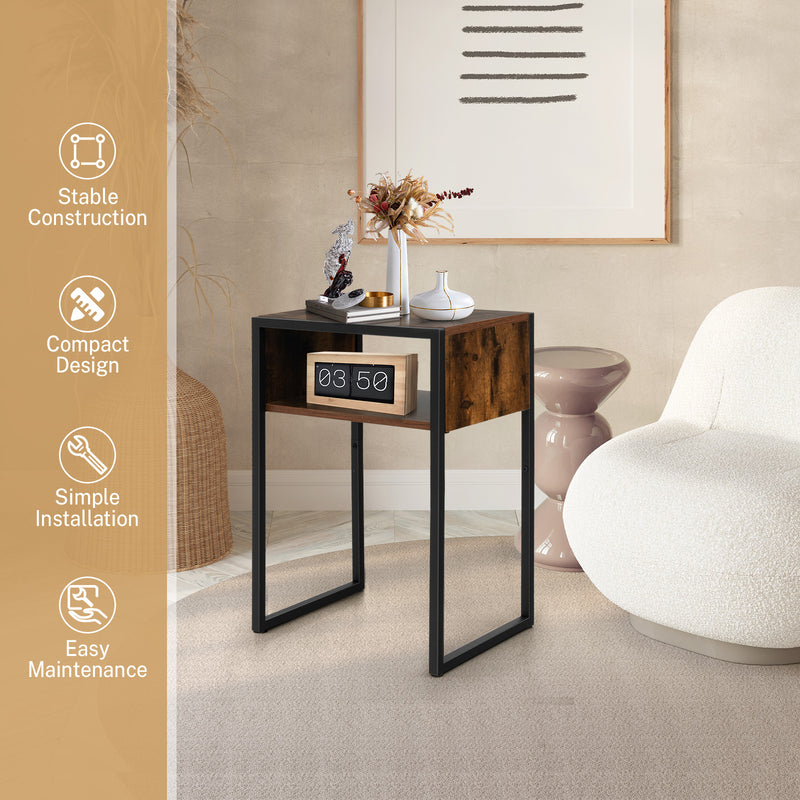 Industrial Side Table with Anti-Rust Steel Frame and Open Storage