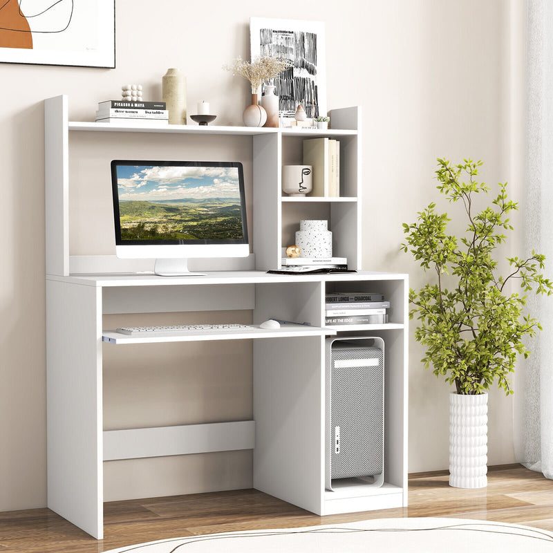 *Home Office Computer Desk with Bookcase Keyboard Tray and CPU Stand - White