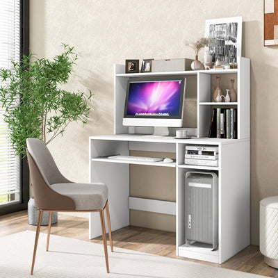 *Home Office Computer Desk with Bookcase Keyboard Tray and CPU Stand - White