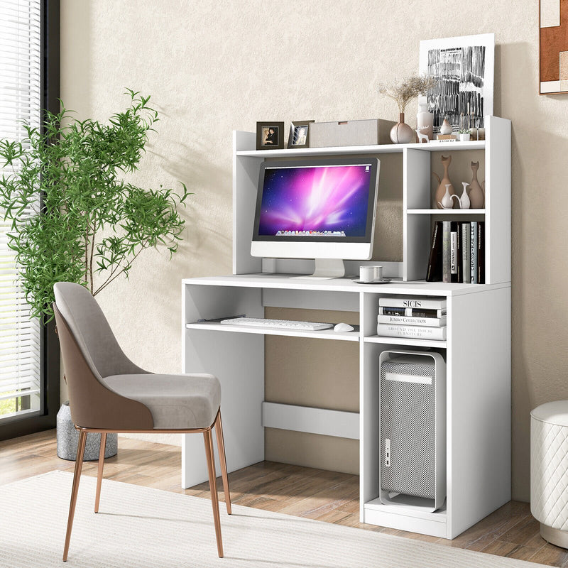 *Home Office Computer Desk with Bookcase Keyboard Tray and CPU Stand - White
