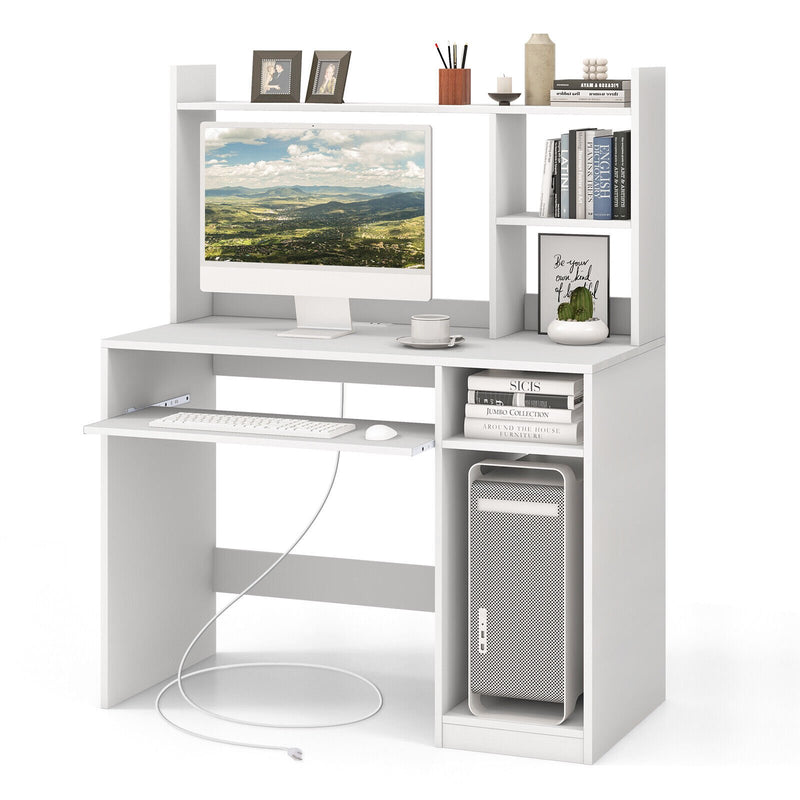*Home Office Computer Desk with Bookcase Keyboard Tray and CPU Stand - White