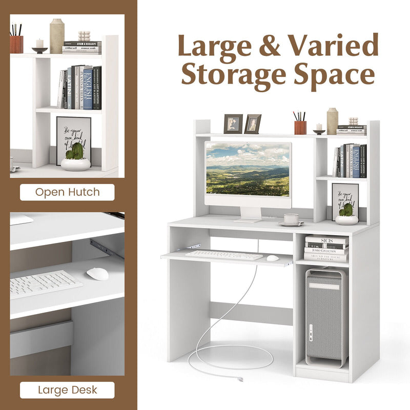 *Home Office Computer Desk with Bookcase Keyboard Tray and CPU Stand - White