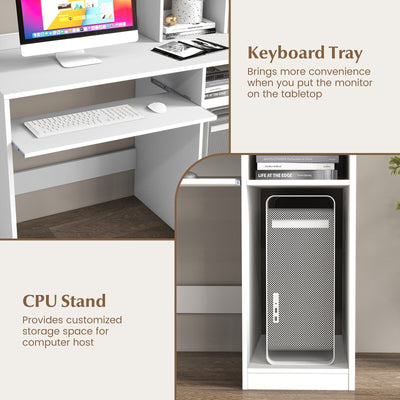 *Home Office Computer Desk with Bookcase Keyboard Tray and CPU Stand - White