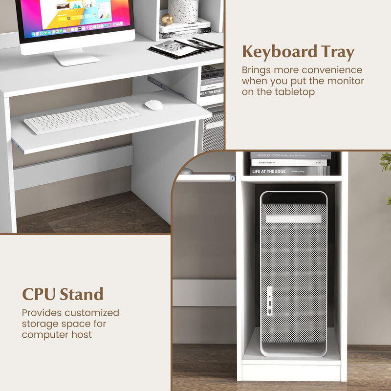 *Home Office Computer Desk with Bookcase Keyboard Tray and CPU Stand - White