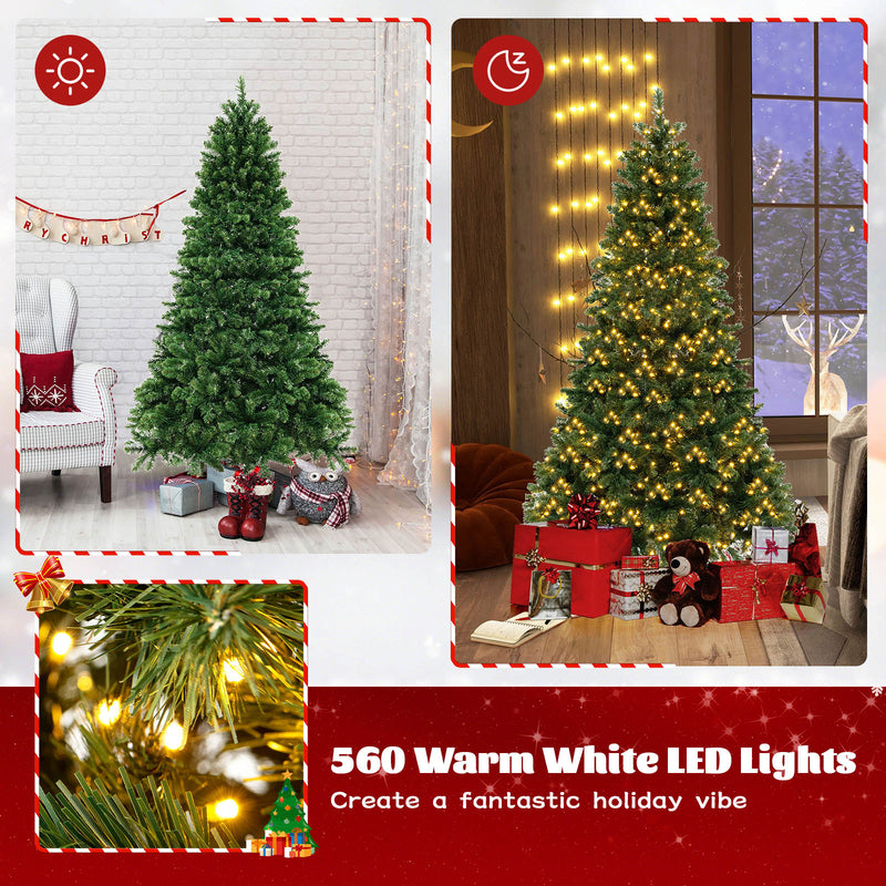 6/7/8 Feet Hinged Christmas Tree with PVC Branch Tips Warm White LED Lights-7 ft