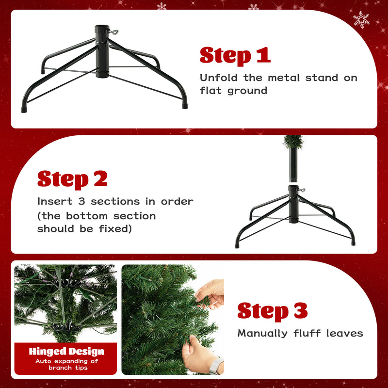 6/7/8 Feet Hinged Christmas Tree with PVC Branch Tips Warm White LED Lights-7 ft