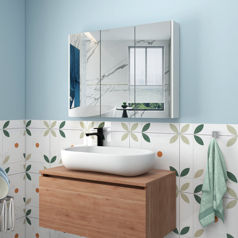 *Frameless Bathroom Wall Mounted Mirror Cabinet with 3 Doors and Adjustable Shelves