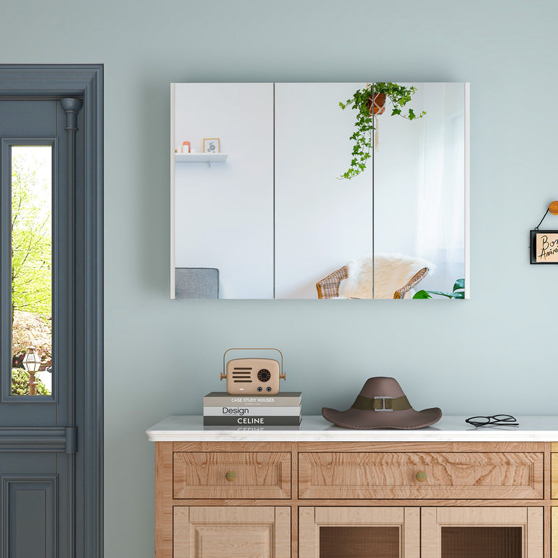 *Frameless Bathroom Wall Mounted Mirror Cabinet with 3 Doors and Adjustable Shelves