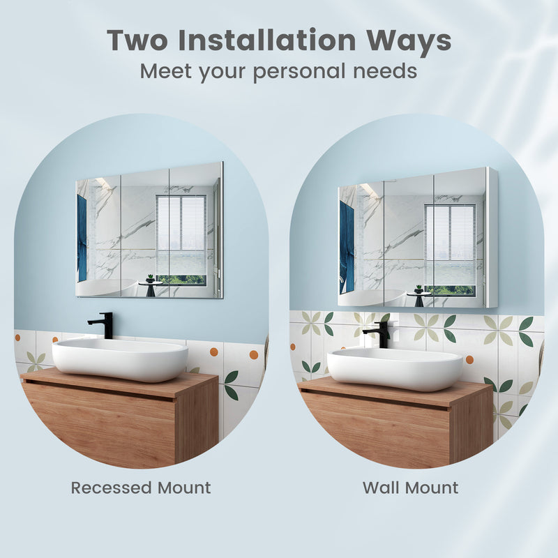 *Frameless Bathroom Wall Mounted Mirror Cabinet with 3 Doors and Adjustable Shelves