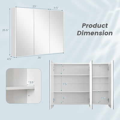 *Frameless Bathroom Wall Mounted Mirror Cabinet with 3 Doors and Adjustable Shelves