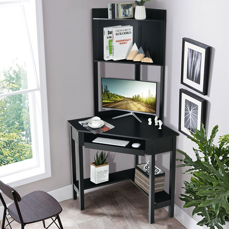 *Corner Computer Desk with Hutch and Storage Shelves - Black