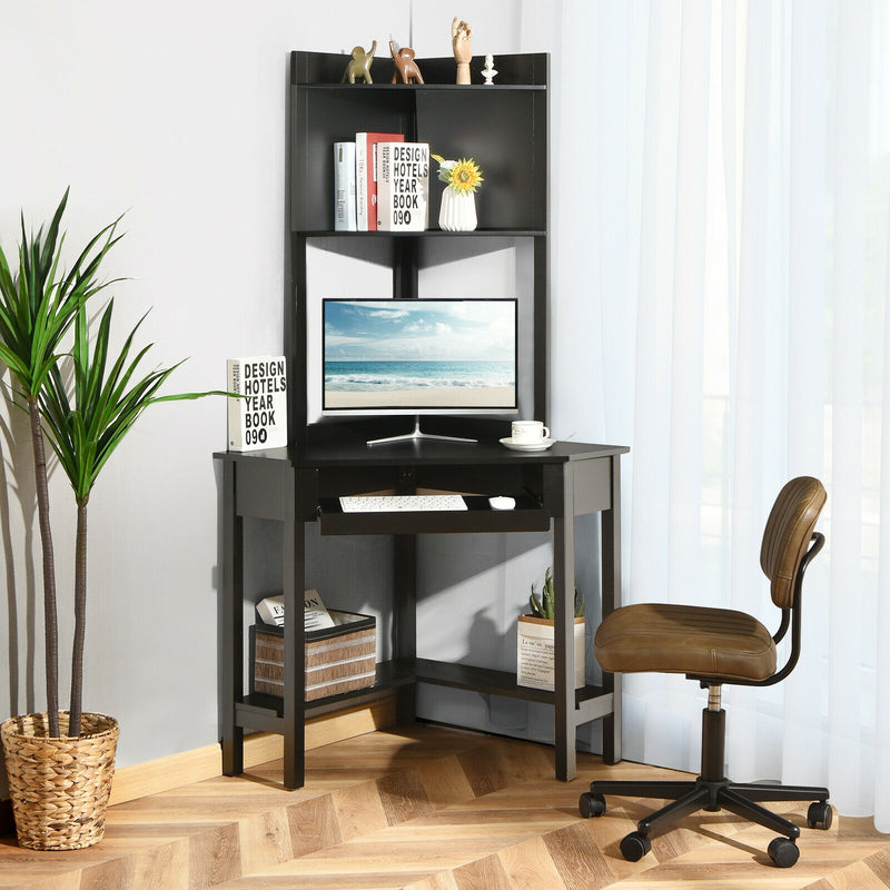 *Corner Computer Desk with Hutch and Storage Shelves - Black