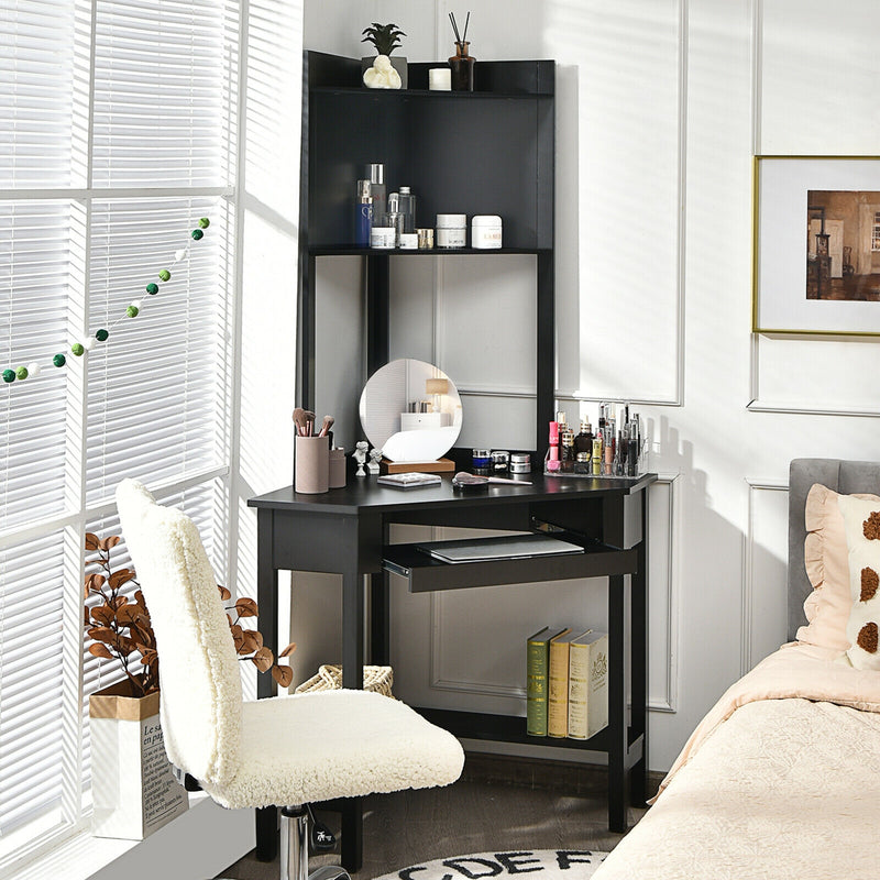 *Corner Computer Desk with Hutch and Storage Shelves - Black
