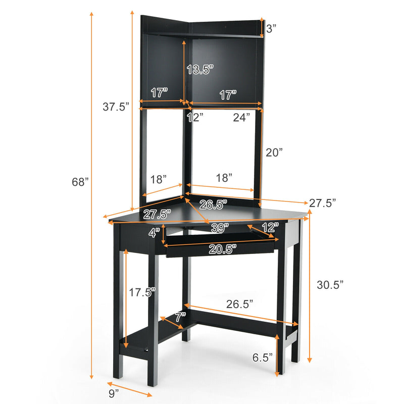 *Corner Computer Desk with Hutch and Storage Shelves - Black