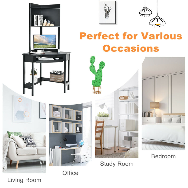 *Corner Computer Desk with Hutch and Storage Shelves - Black