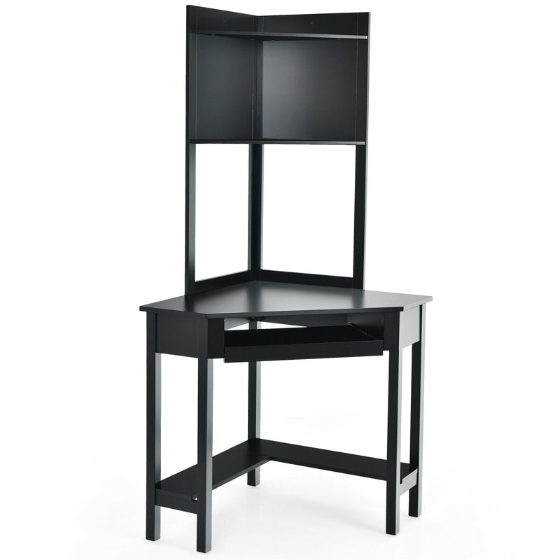 *Corner Computer Desk with Hutch and Storage Shelves - Black