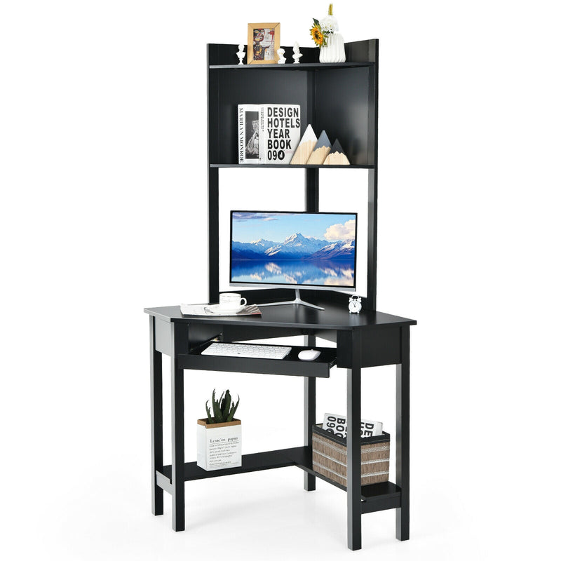 *Corner Computer Desk with Hutch and Storage Shelves - Black