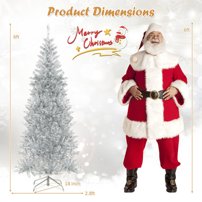 6/7 FT Pre-Lit Artificial Silver Tinsel Xmas Tree with 790 Branch Tips and 300 LED Lights-6 ft