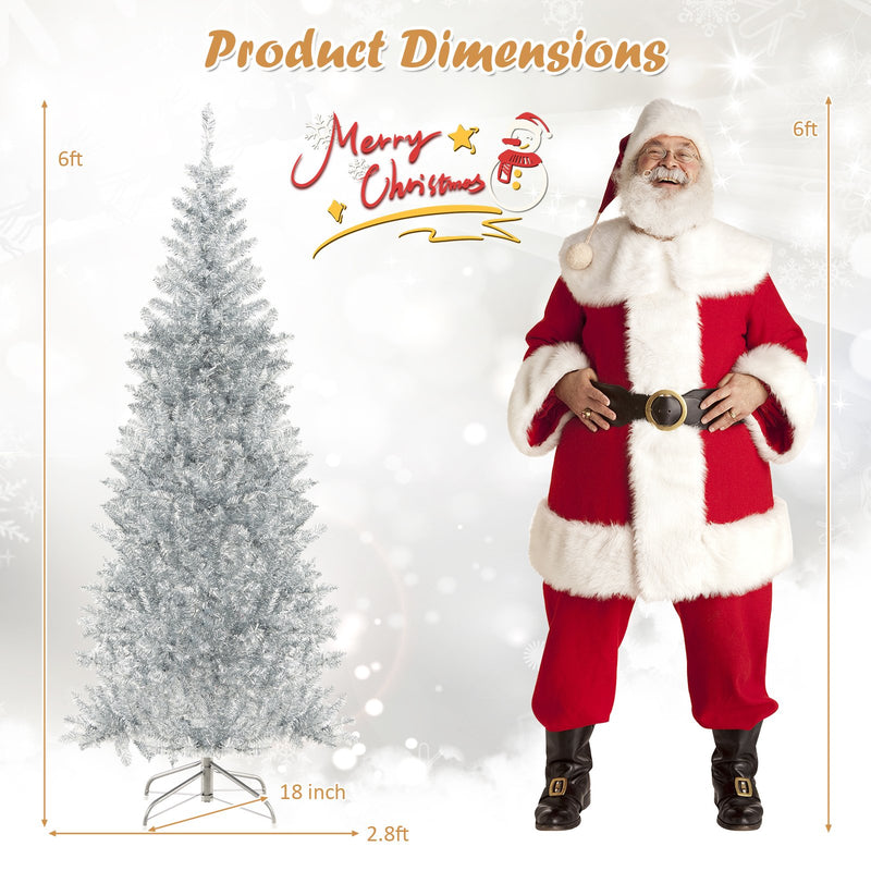 6/7 FT Pre-Lit Artificial Silver Tinsel Xmas Tree with 790 Branch Tips and 300 LED Lights-6 ft