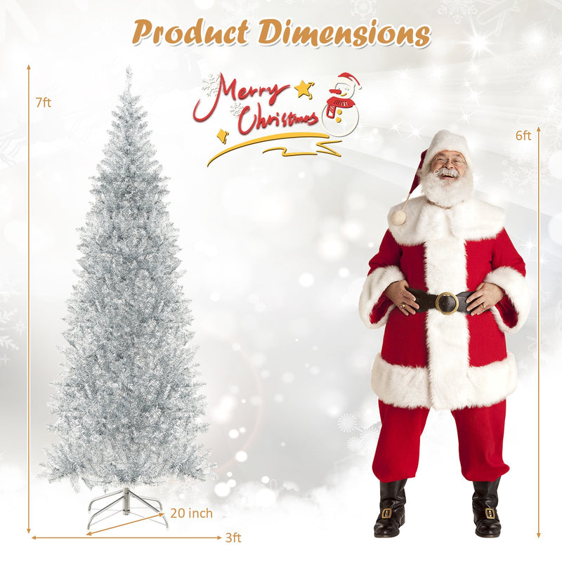 6/7 FT Pre-Lit Artificial Silver Tinsel Xmas Tree with 790 Branch Tips and 300 LED Lights-7 ft