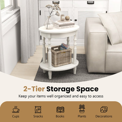 2-Tier Oval Side Table with Storage Shelf and Solid Wood Legs-White