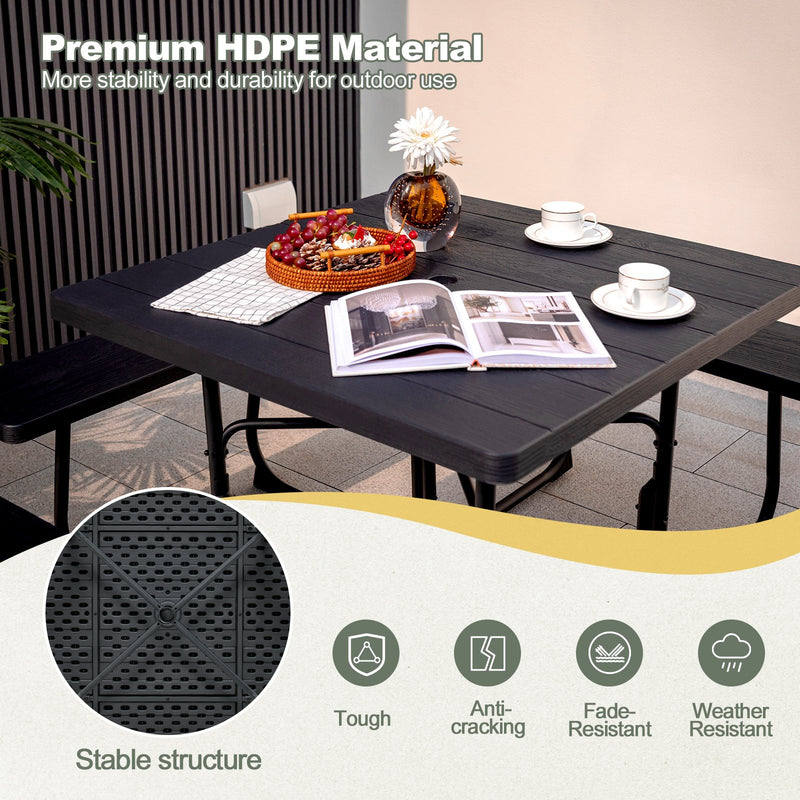 Outdoor Picnic Table with 4 Benches and Umbrella Hole-Black