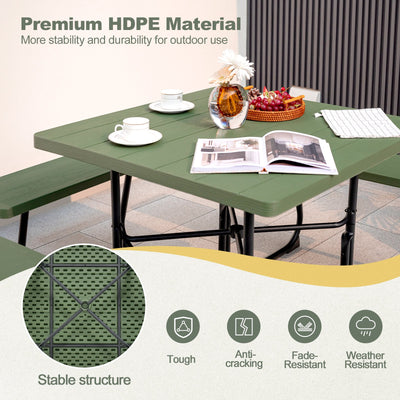 Outdoor Picnic Table with 4 Benches and Umbrella Hole-Green