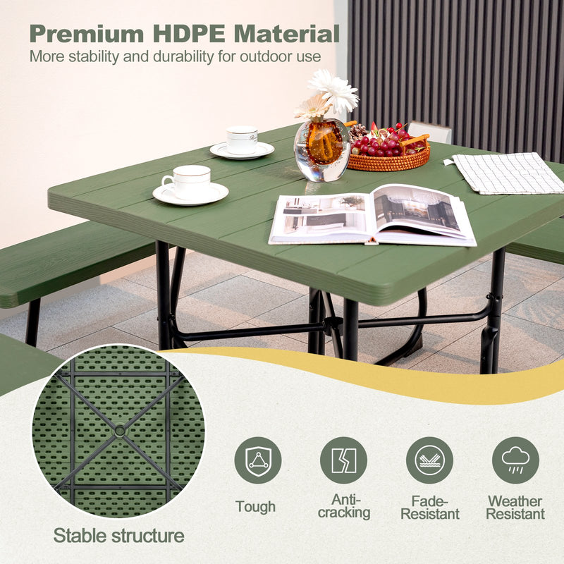 Outdoor Picnic Table with 4 Benches and Umbrella Hole-Green