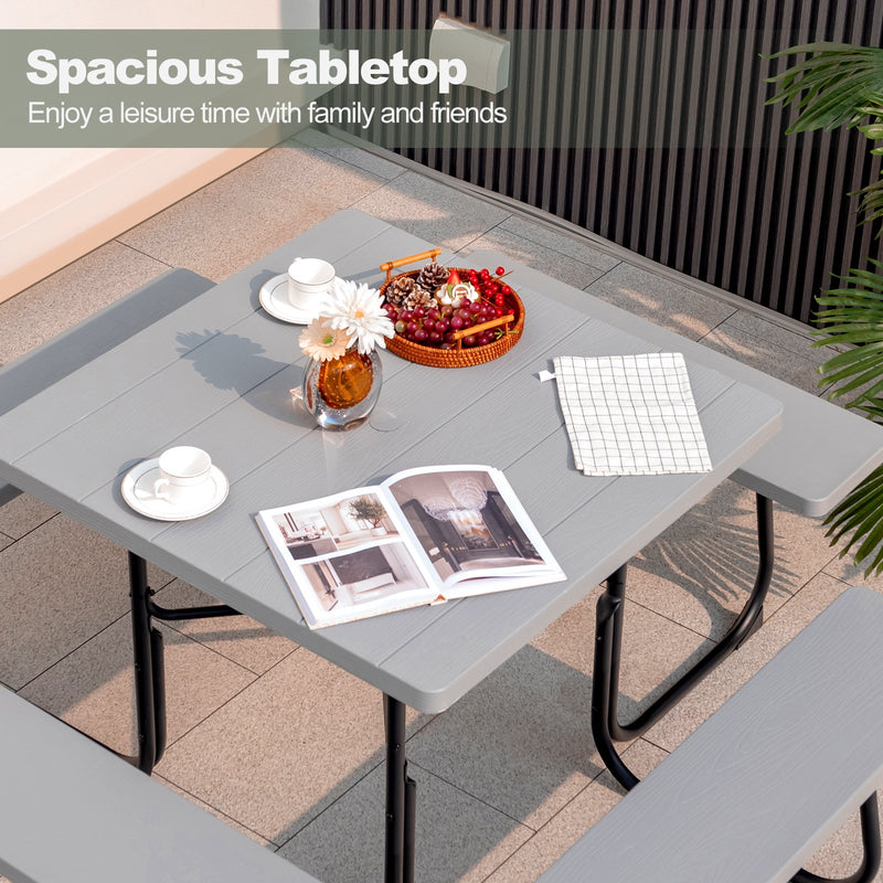 Outdoor Picnic Table with 4 Benches and Umbrella Hole-Gray