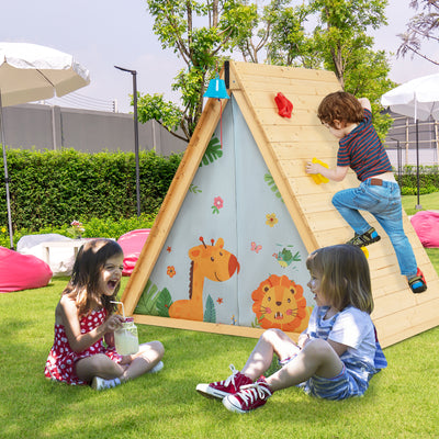 2-in-1 Wooden Kids Triangle Playhouse with Climbing Wall and Front Bell