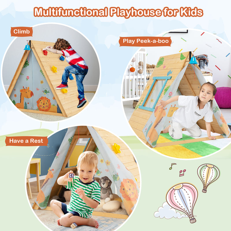 2-in-1 Wooden Kids Triangle Playhouse with Climbing Wall and Front Bell