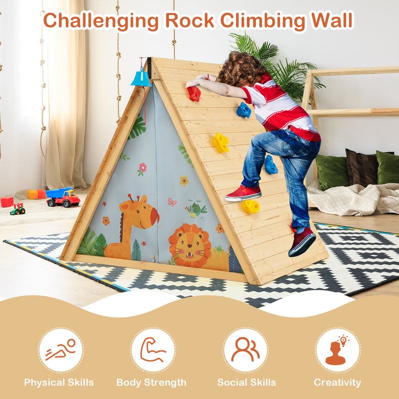 2-in-1 Wooden Kids Triangle Playhouse with Climbing Wall and Front Bell