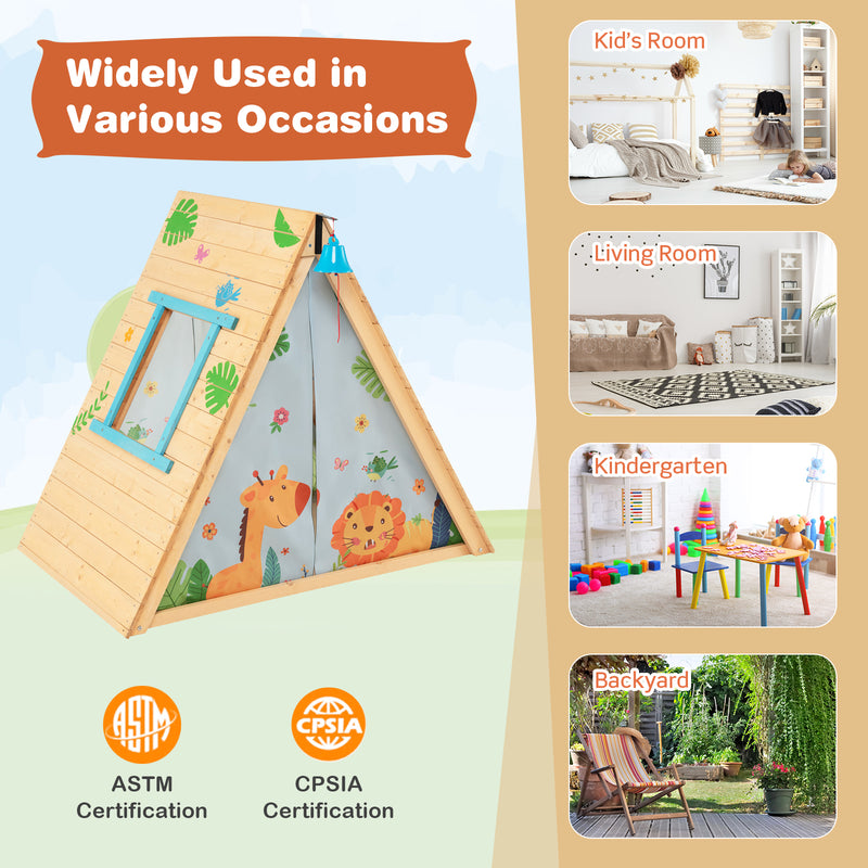 2-in-1 Wooden Kids Triangle Playhouse with Climbing Wall and Front Bell