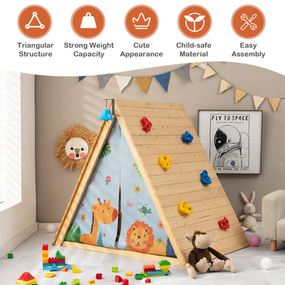 2-in-1 Wooden Kids Triangle Playhouse with Climbing Wall and Front Bell