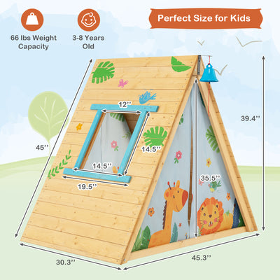 2-in-1 Wooden Kids Triangle Playhouse with Climbing Wall and Front Bell