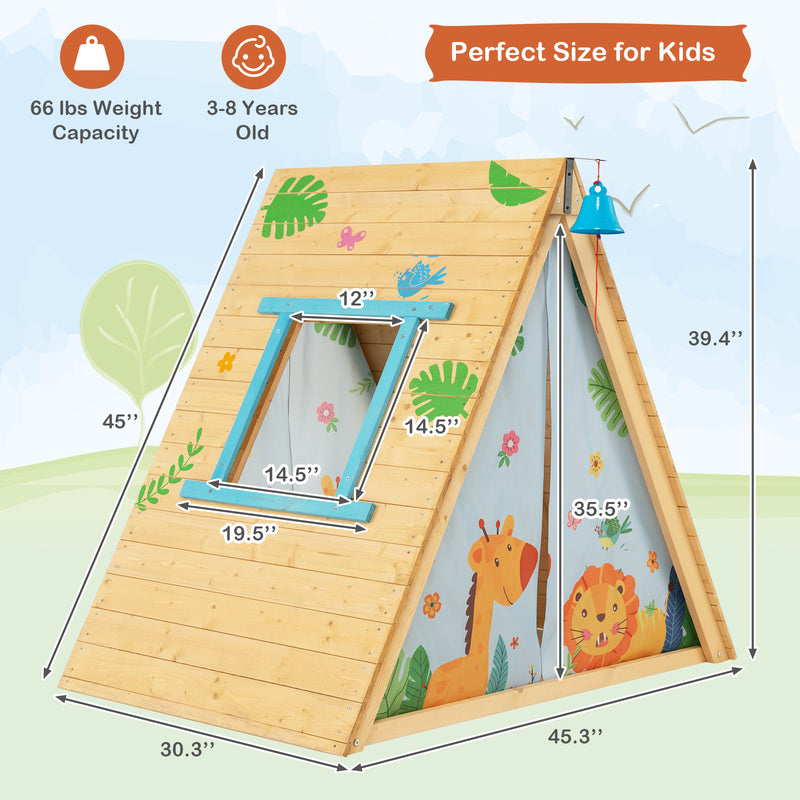 2-in-1 Wooden Kids Triangle Playhouse with Climbing Wall and Front Bell