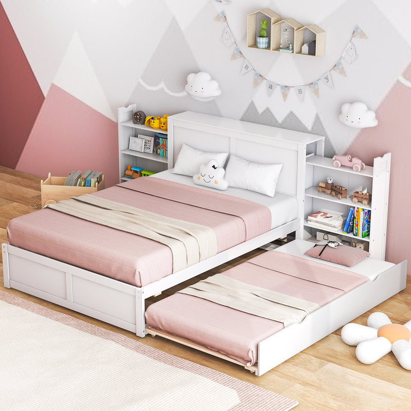 *Twin/Full Kids Wooden Platform Bed with Trundle Storage Headboard - Full Size
