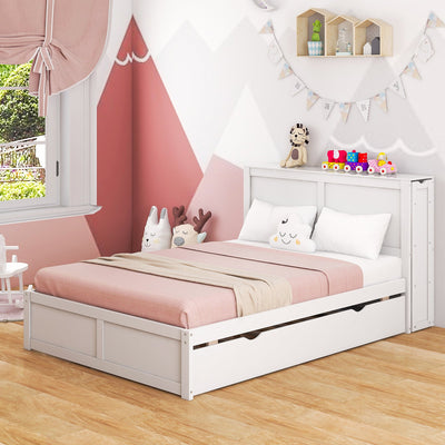 *Twin/Full Kids Wooden Platform Bed with Trundle Storage Headboard - Full Size