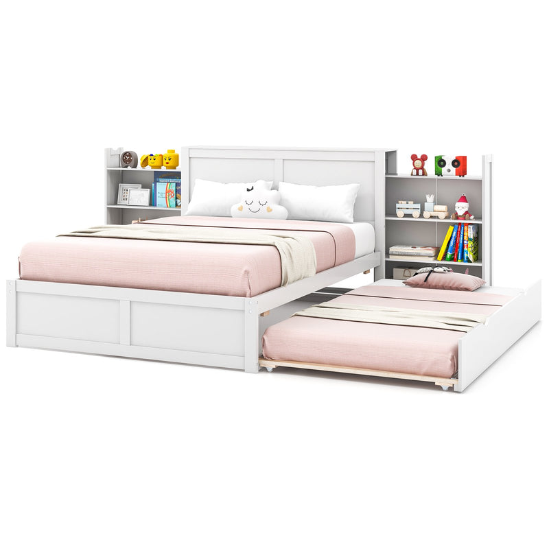 *Twin/Full Kids Wooden Platform Bed with Trundle Storage Headboard - Full Size