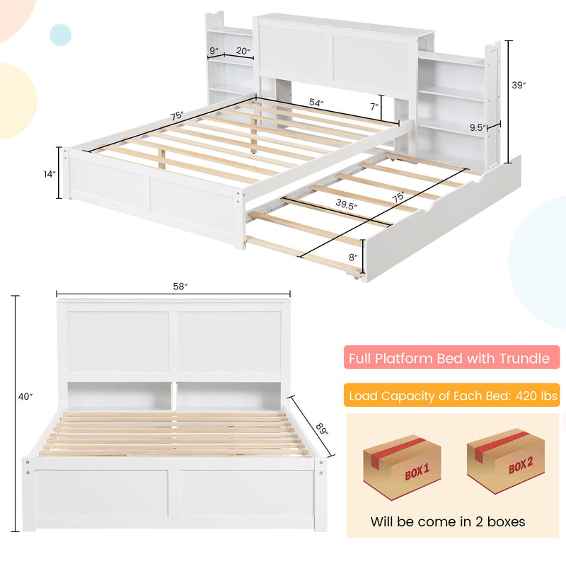 *Twin/Full Kids Wooden Platform Bed with Trundle Storage Headboard - Full Size