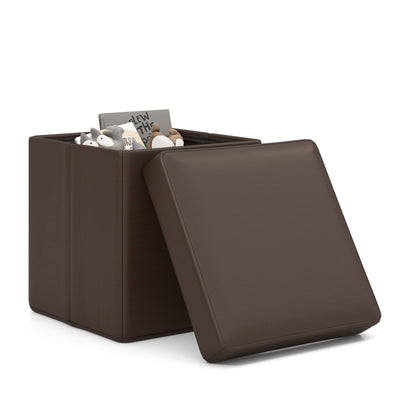 Upholstered Square Footstool with PVC Leather Surface for Bedroom-Brown